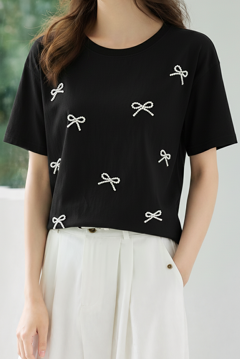 Casual Bow Rhinestone T-Shirt