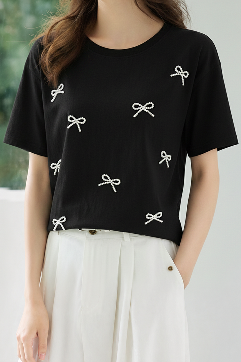 Casual Bow Rhinestone T-Shirt - liwisi