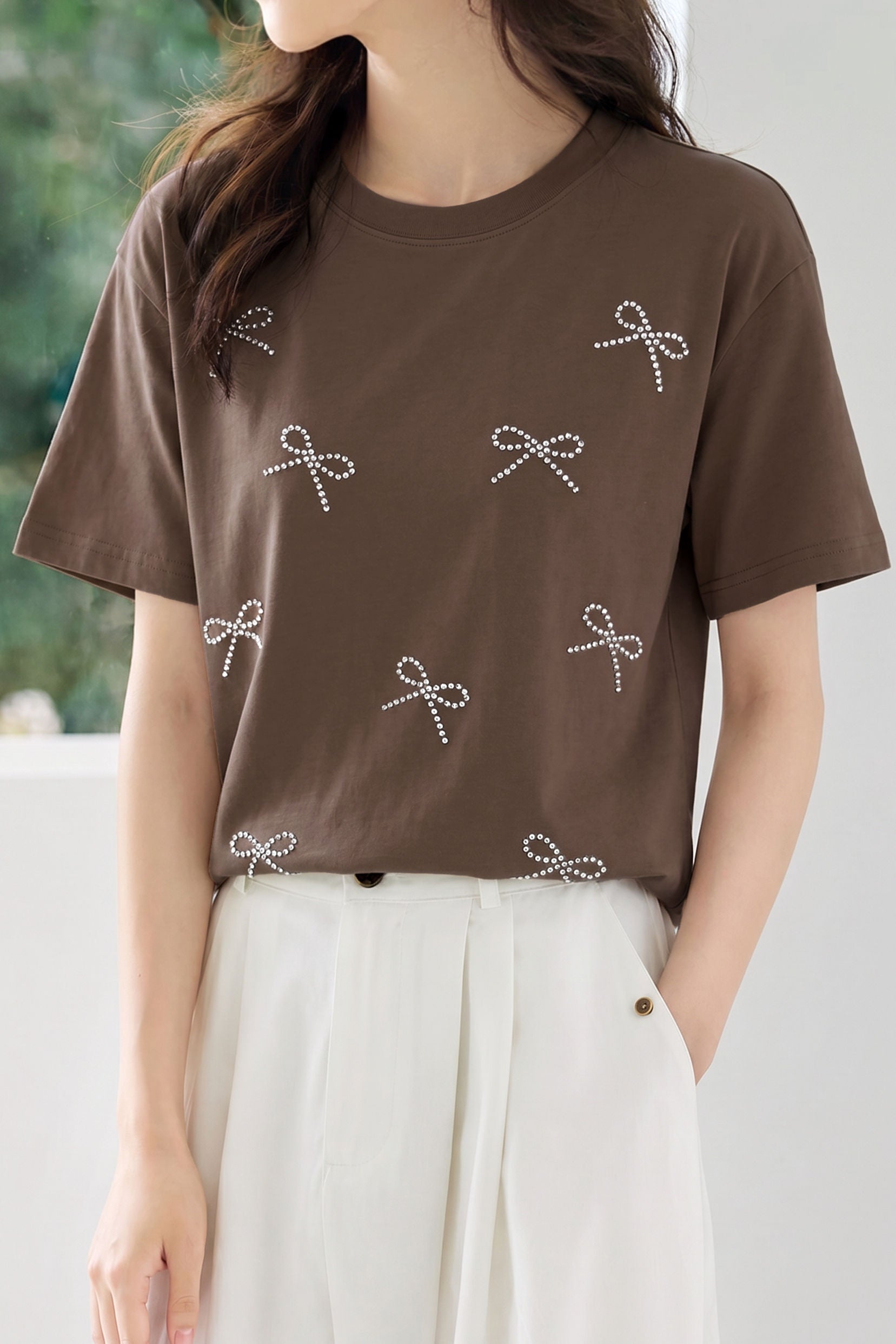 Casual Bow Rhinestone T-Shirt