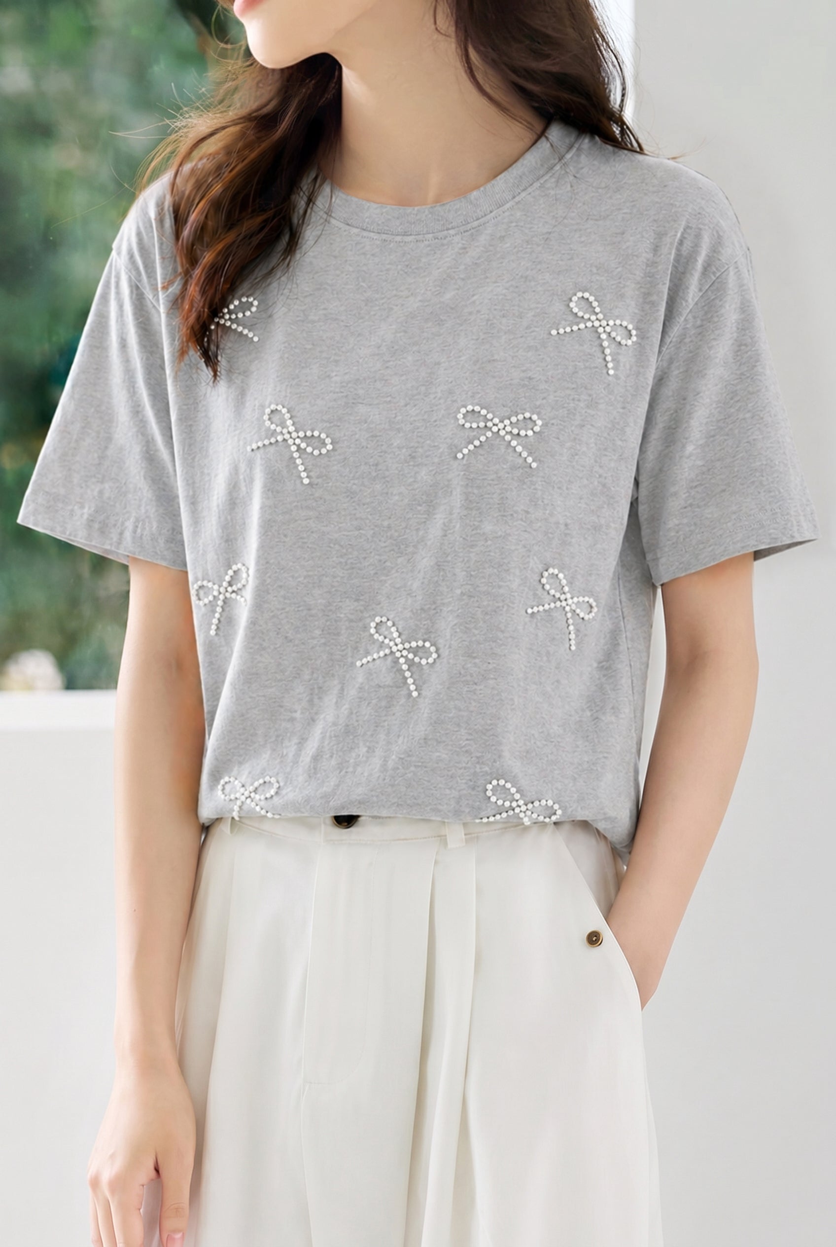 Casual Bow Rhinestone T-Shirt