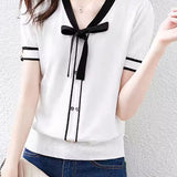 Casual Bow Sailor Collar Knit Sweater - liwisi