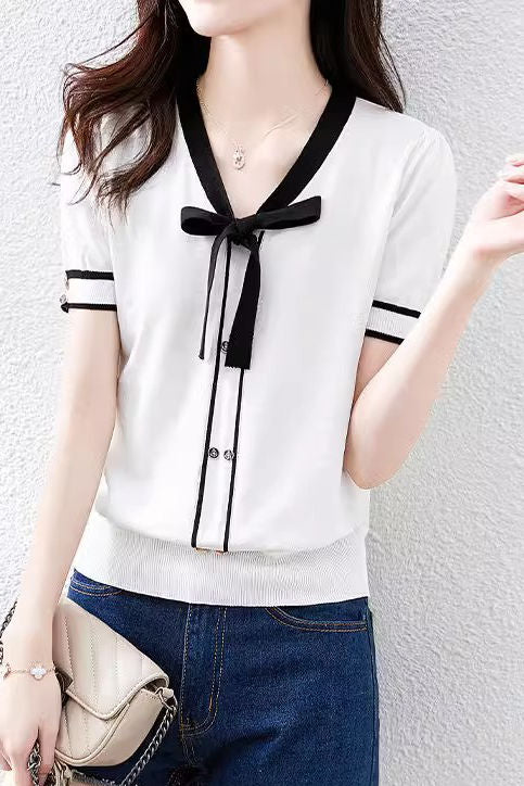 Casual Bow Sailor Collar Knit Sweater - liwisi
