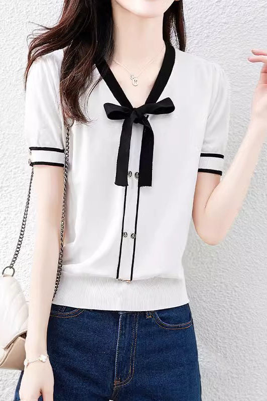 Casual Bow Sailor Collar Knit Sweater - liwisi