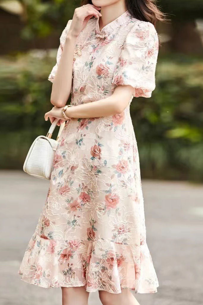Elegant Embroidered Stand Collar Cheongsam Dress - liwisi