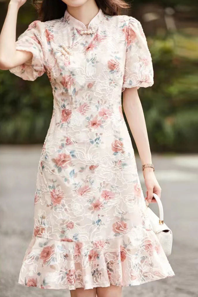 Elegant Embroidered Stand Collar Cheongsam Dress - liwisi