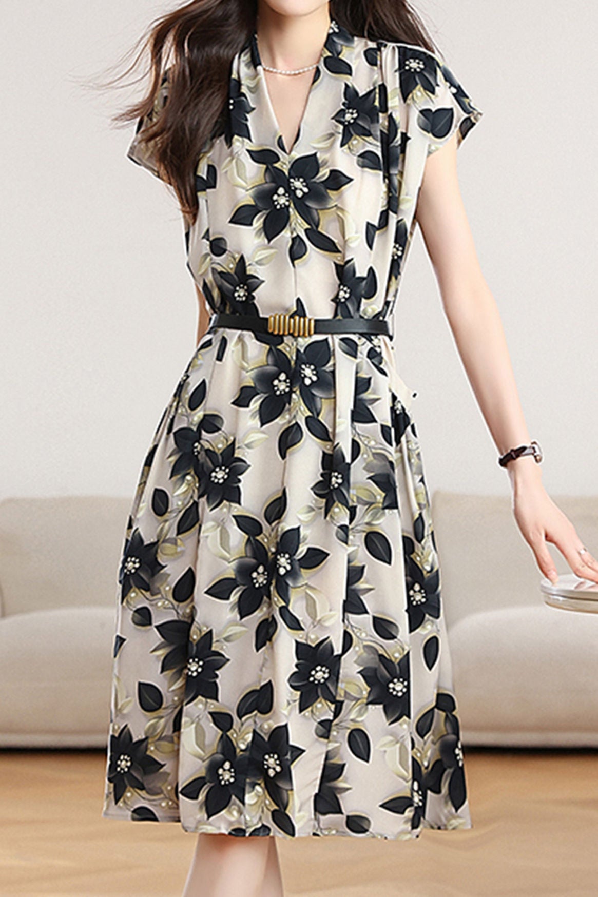 Elegant Commuter Printed Chiffon Dress - liwisi