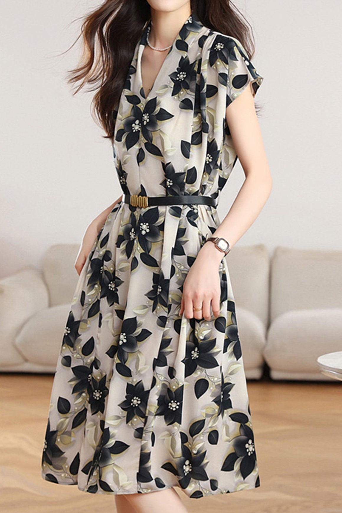 chiffon elegant print dress Julia Elegant Printed Floral Chiffon Dress-Long Smile just love