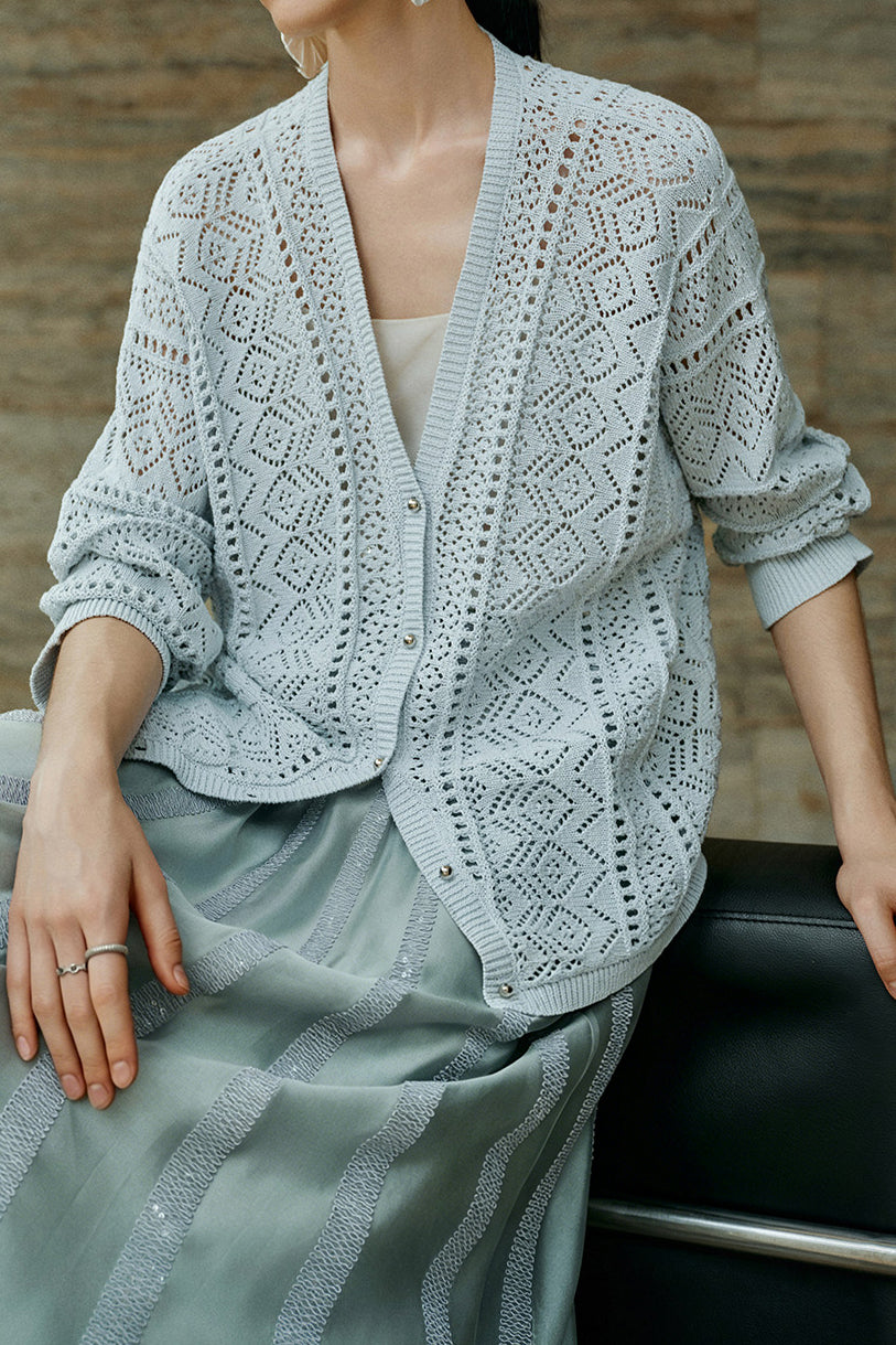 Casual Hollow Out V-Neck Knit Cardigan - liwisi