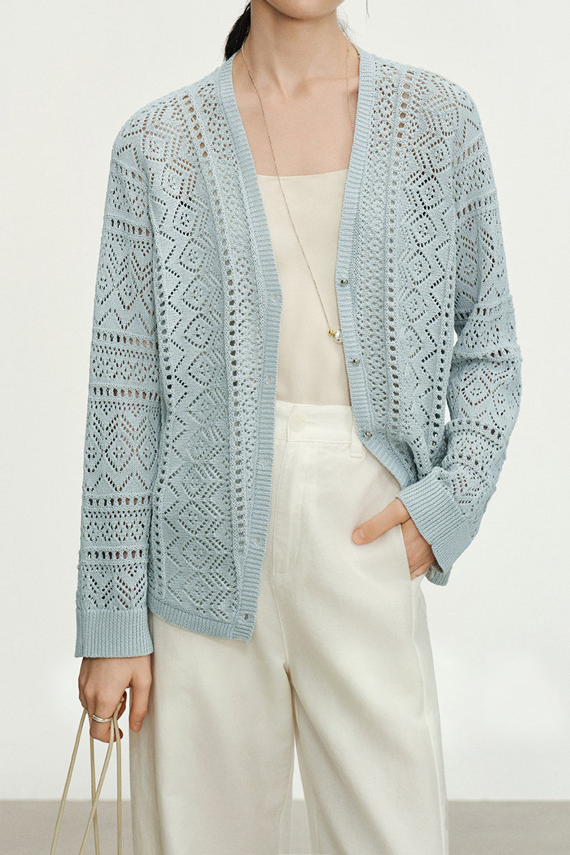 Casual Hollow Out V-Neck Knit Cardigan - liwisi
