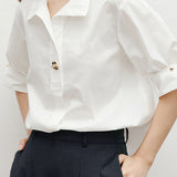 Elegant Satin Draped Metal Button Shirt - liwisi