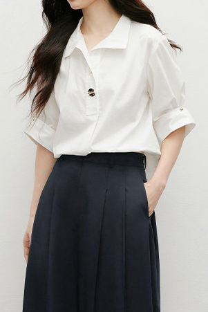 Elegant Satin Draped Metal Button Shirt - liwisi