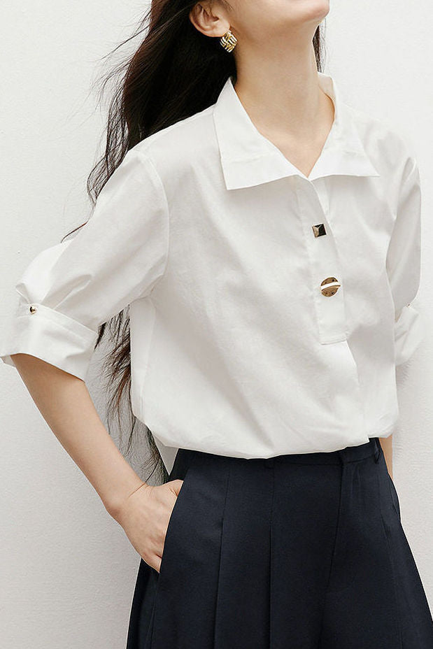 Elegant Satin Draped Metal Button Shirt - liwisi