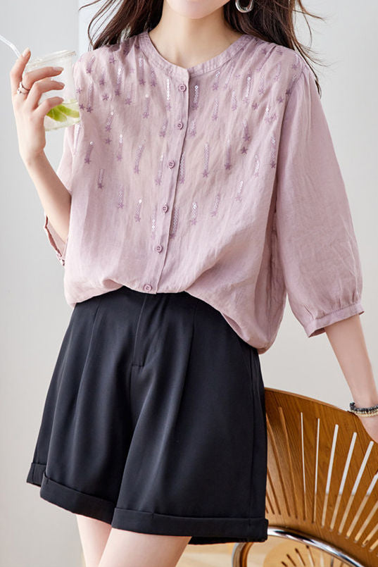 Elegant Sequin Decorated Ramie Shirt - liwisi