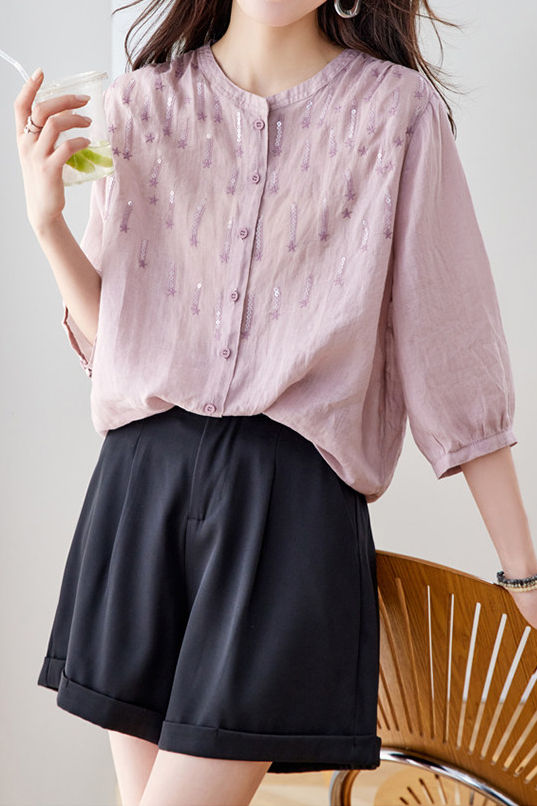 Elegant Sequin Decorated Ramie Shirt - liwisi