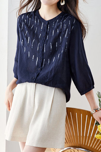 Elegant Sequin Decorated Ramie Shirt - liwisi