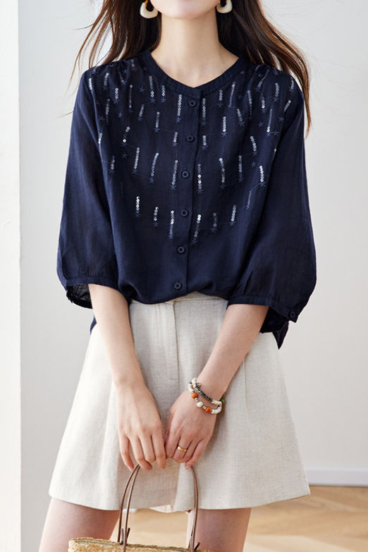 Elegant Sequin Decorated Ramie Shirt - liwisi