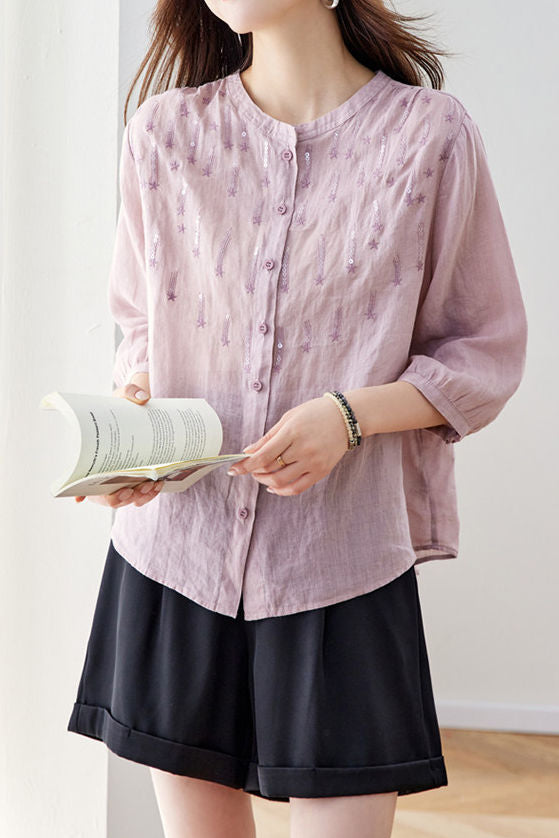 Elegant Sequin Decorated Ramie Shirt - liwisi