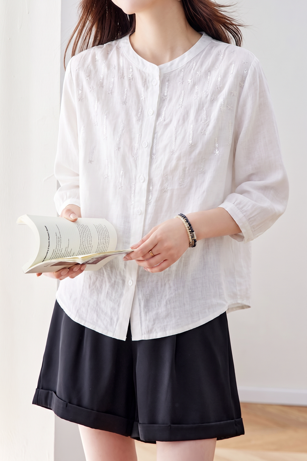 Elegant Sequin Decorated Ramie Shirt - liwisi