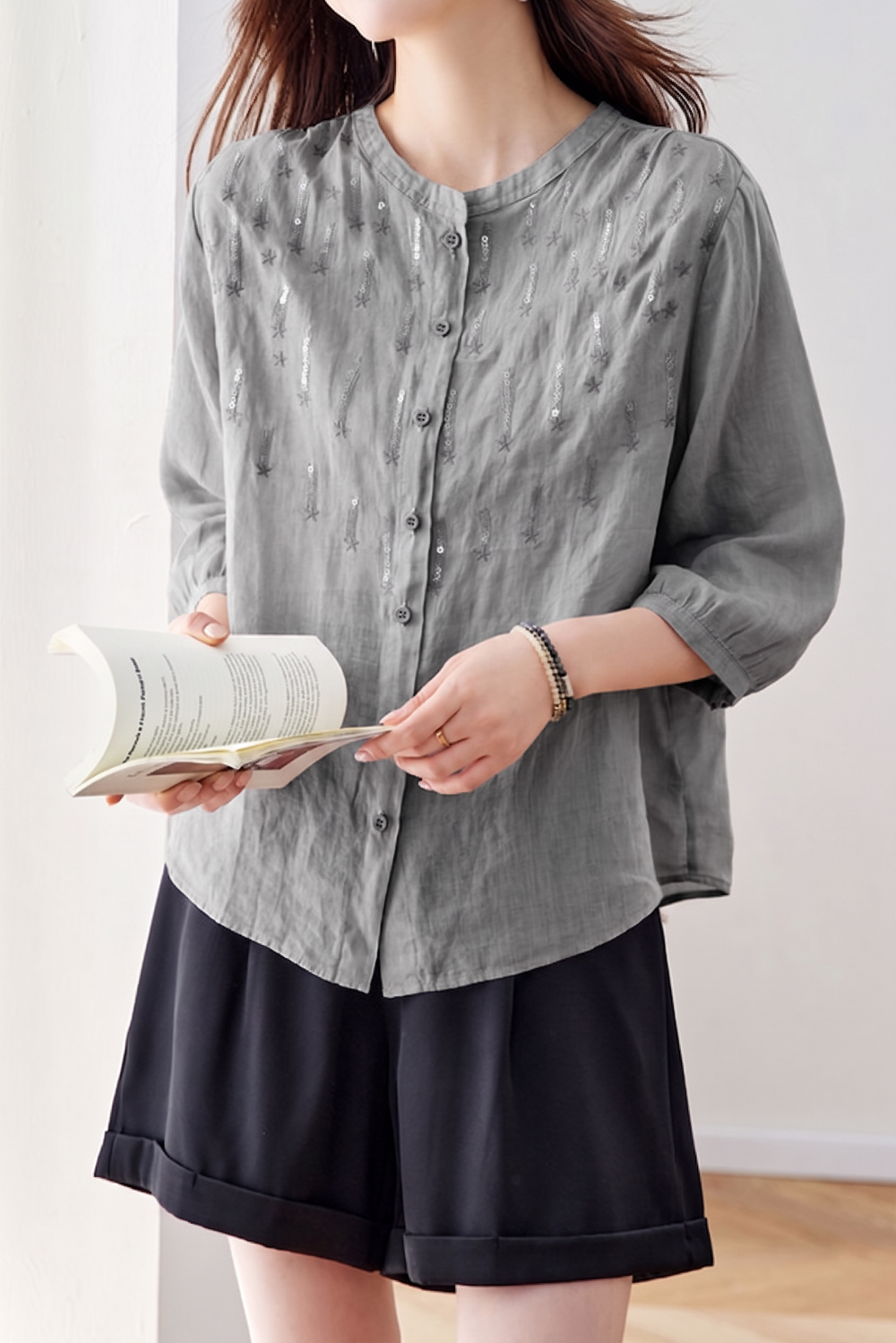 Elegant Sequin Decorated Ramie Shirt - liwisi