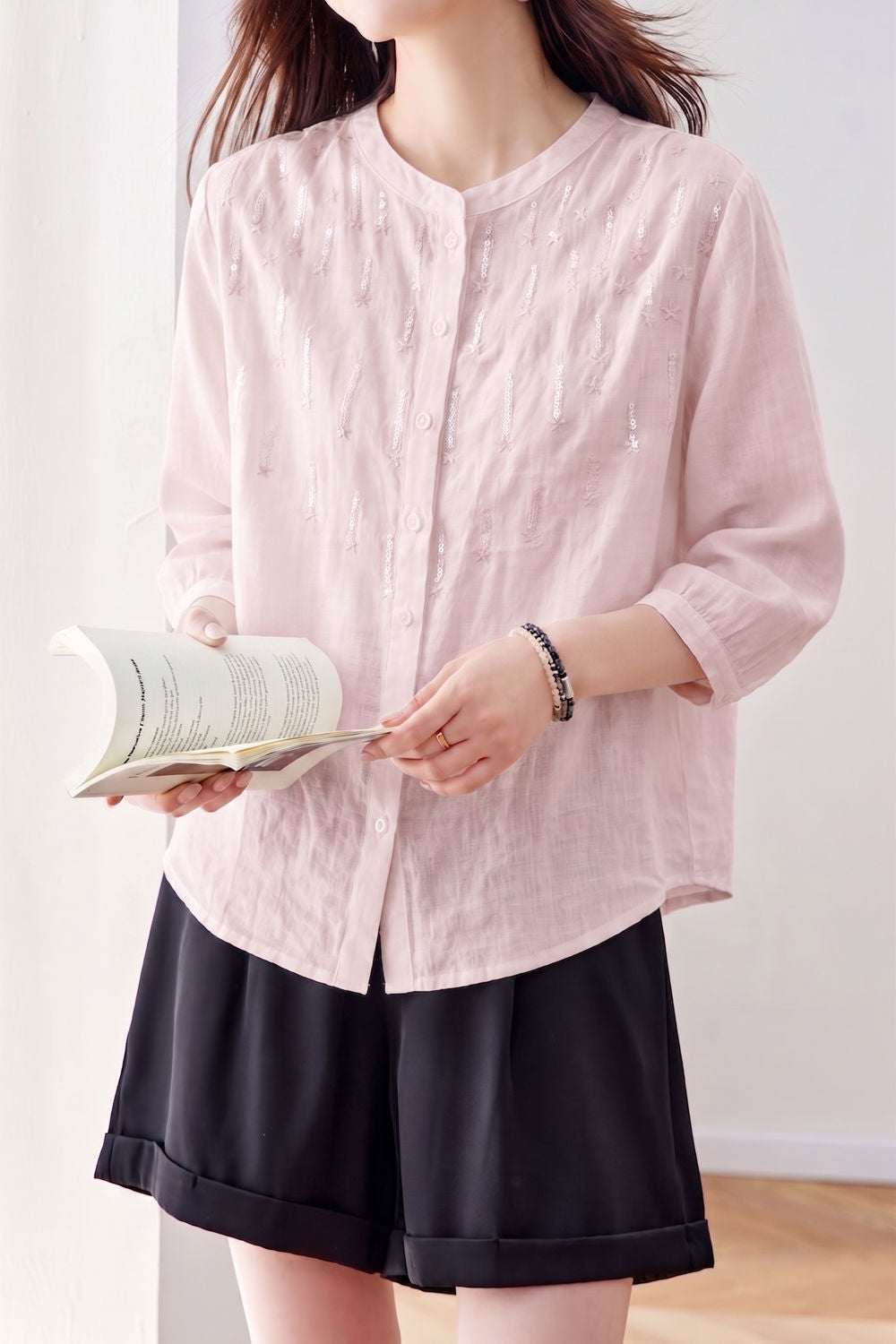 Elegant Sequin Decorated Ramie Shirt - liwisi