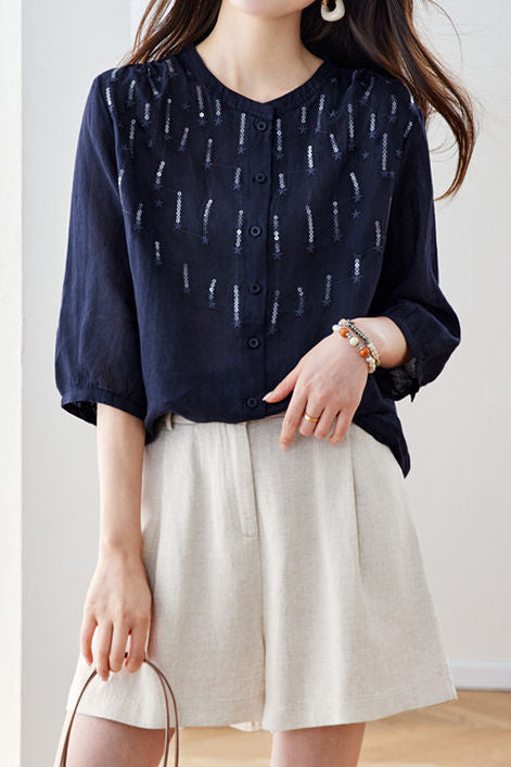 Elegant Sequin Decorated Ramie Shirt - liwisi