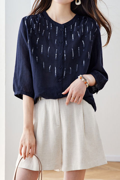 Elegant Sequin Decorated Ramie Shirt - liwisi