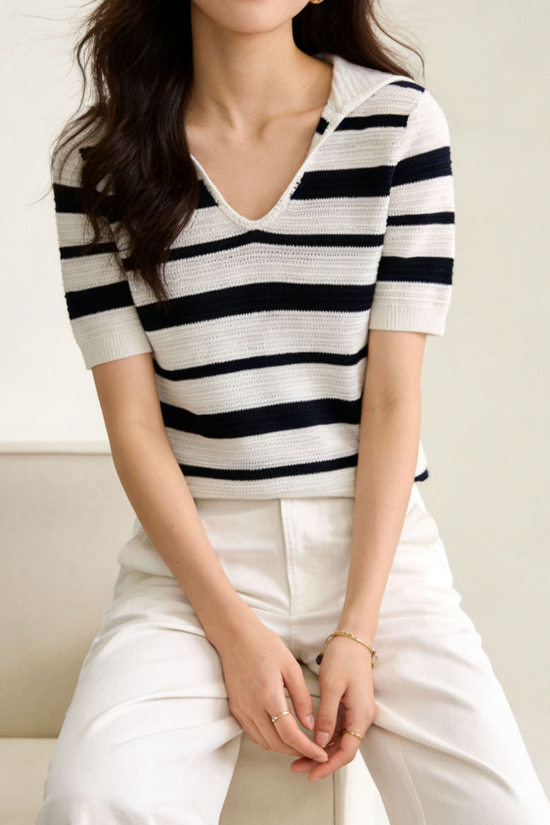 Elegant Polo Striped Knit Top - liwisi
