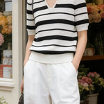 Elegant Polo Striped Knit Top - liwisi