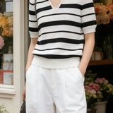 Elegant Polo Striped Knit Top - liwisi
