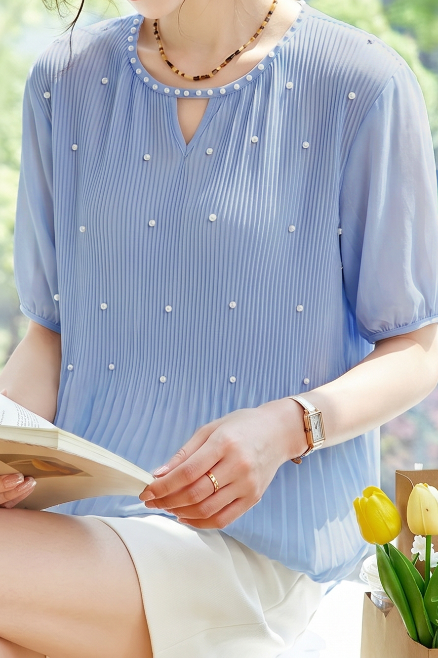 French Pearl Embellished Round Neck Shirt - liwisi