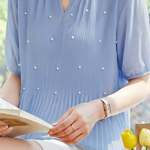 French Pearl Embellished Round Neck Shirt - liwisi