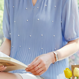 French Pearl Embellished Round Neck Shirt - liwisi