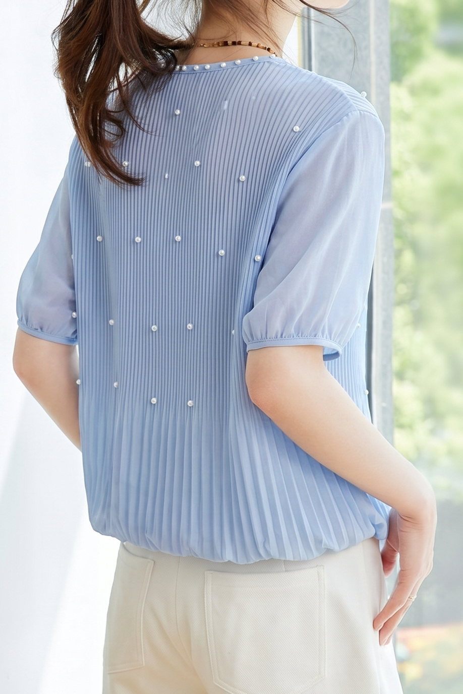 French Pearl Embellished Round Neck Shirt - liwisi