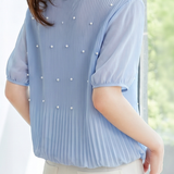 French Pearl Embellished Round Neck Shirt - liwisi