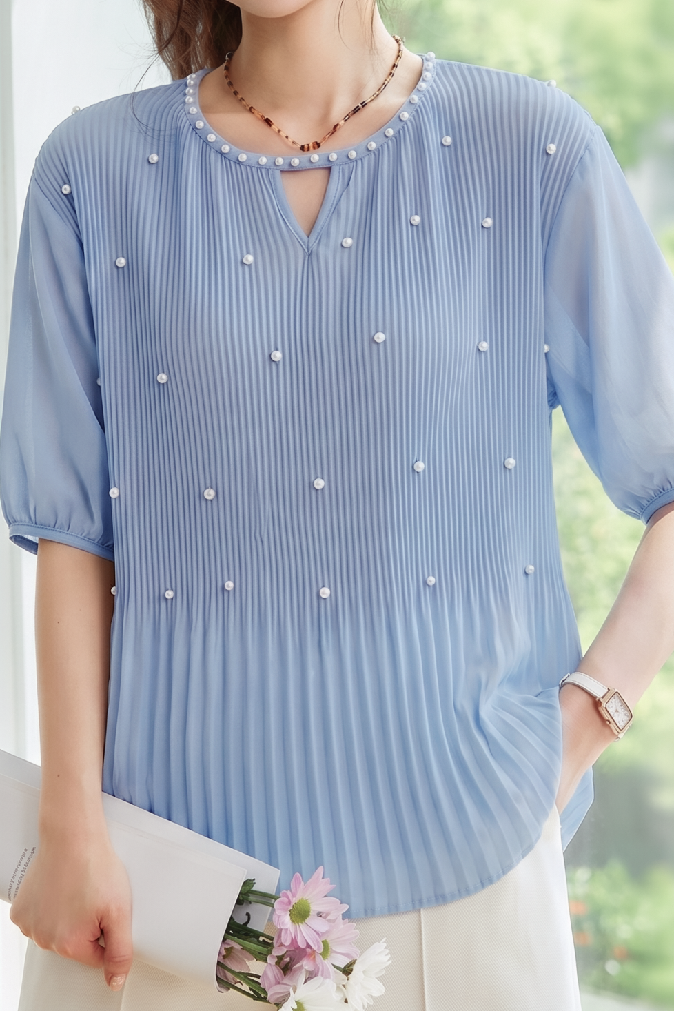 French Pearl Embellished Round Neck Shirt - liwisi