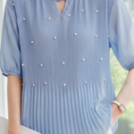 French Pearl Embellished Round Neck Shirt - liwisi
