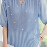 French Pearl Embellished Round Neck Shirt - liwisi