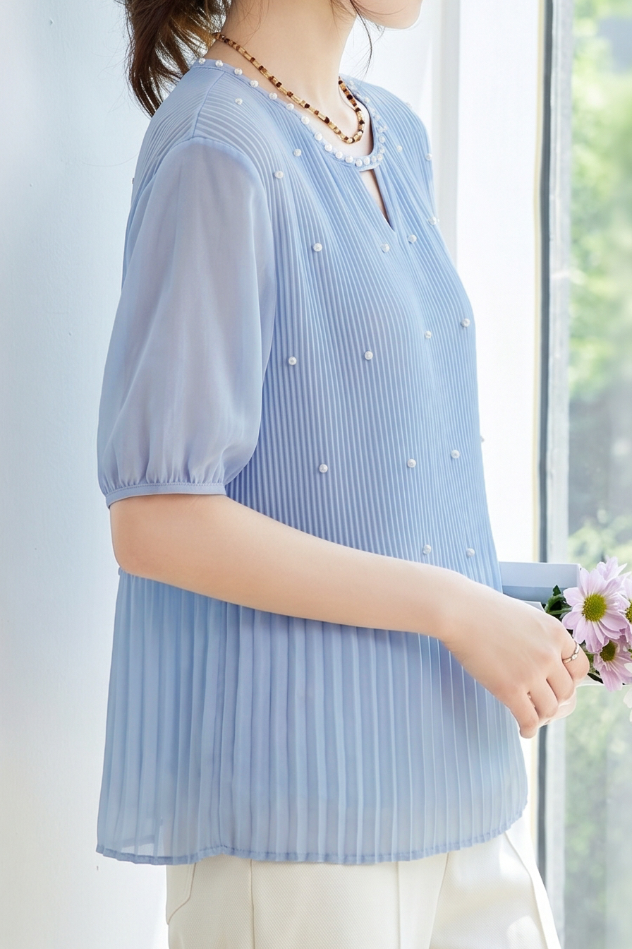 French Pearl Embellished Round Neck Shirt - liwisi