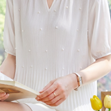 French Pearl Embellished Round Neck Shirt - liwisi