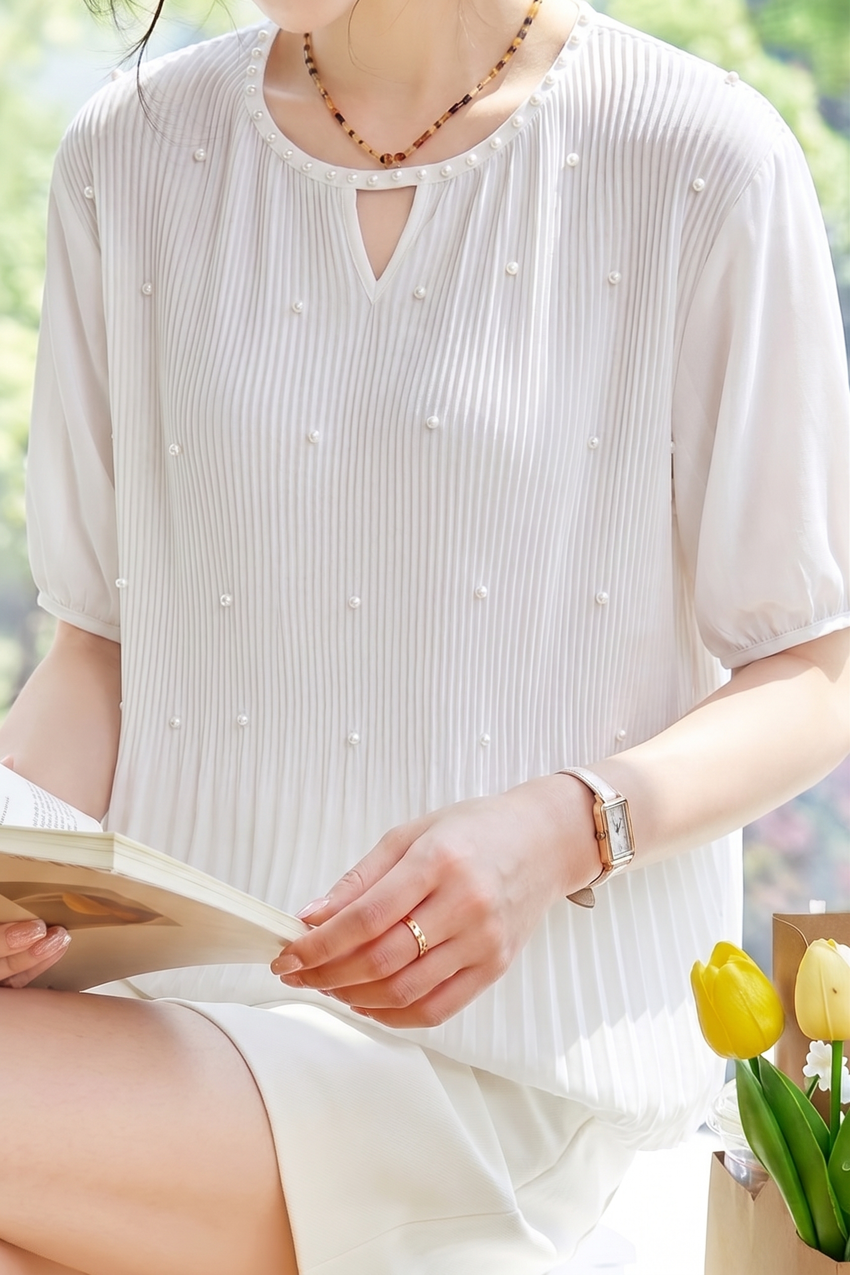 French Pearl Embellished Round Neck Shirt - liwisi