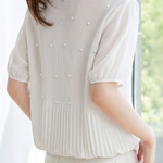 French Pearl Embellished Round Neck Shirt - liwisi