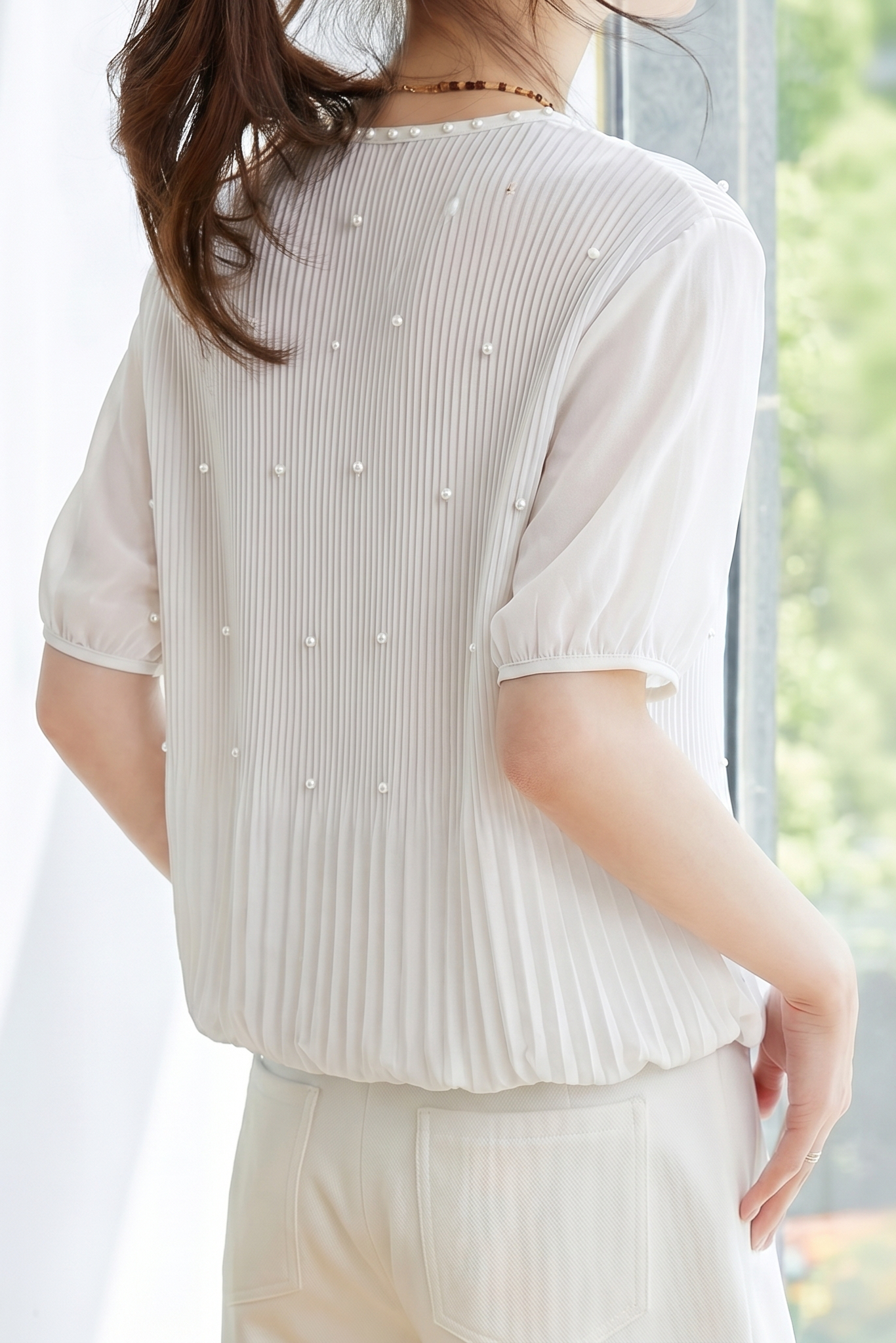 French Pearl Embellished Round Neck Shirt - liwisi