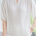 French Pearl Embellished Round Neck Shirt - liwisi