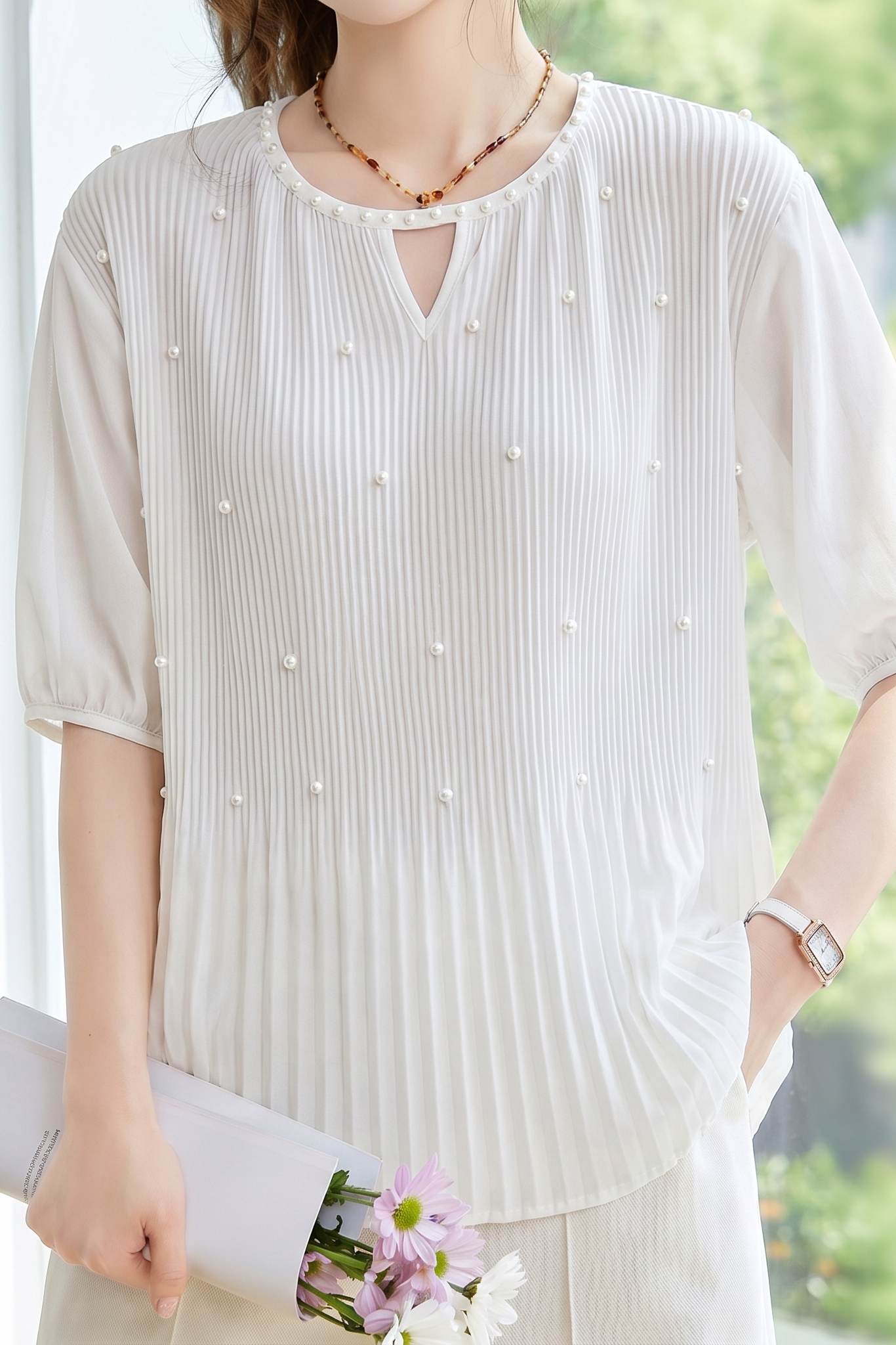 French Pearl Embellished Round Neck Shirt - liwisi