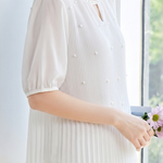 French Pearl Embellished Round Neck Shirt - liwisi