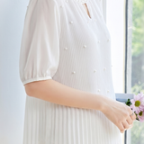 French Pearl Embellished Round Neck Shirt - liwisi