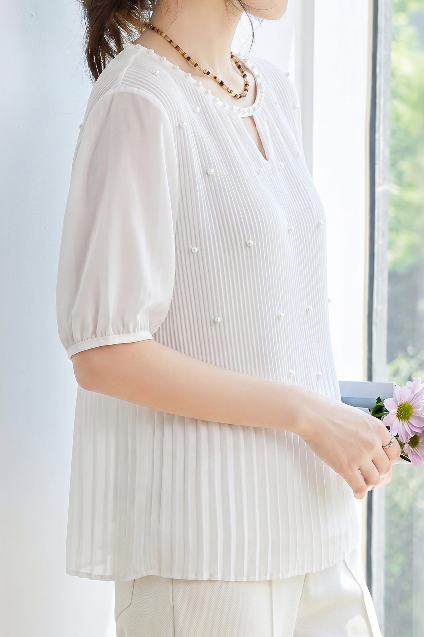 French Pearl Embellished Round Neck Shirt - liwisi