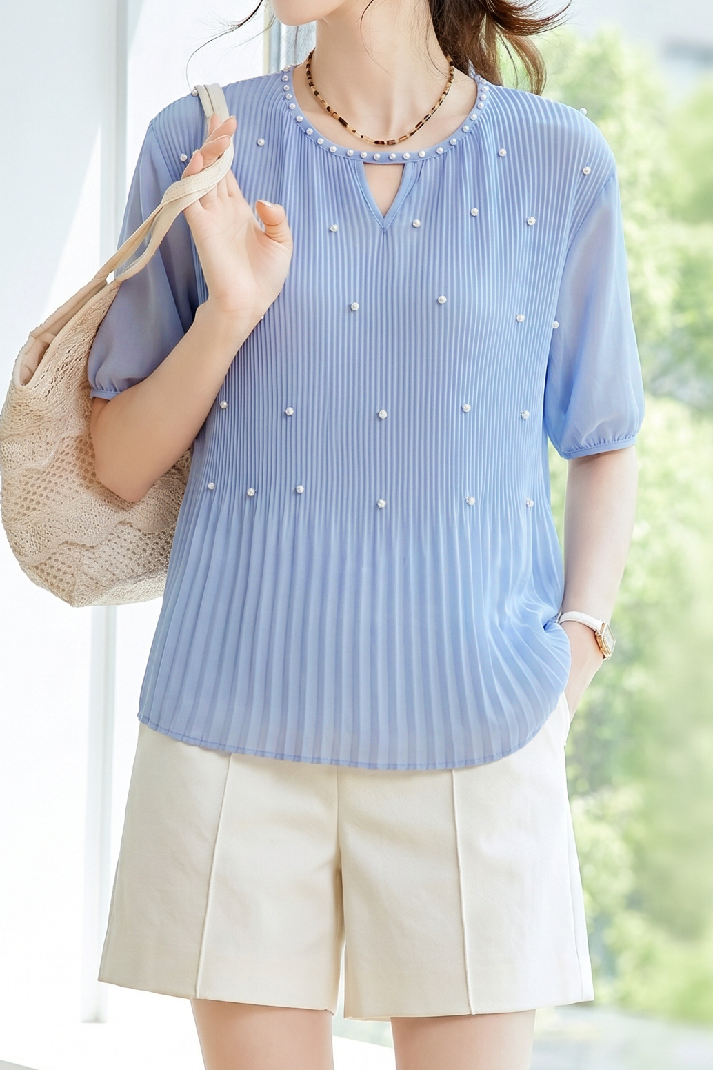 French Pearl Embellished Round Neck Shirt - liwisi