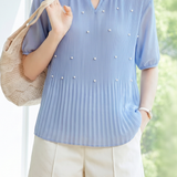 French Pearl Embellished Round Neck Shirt - liwisi