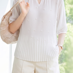 French Pearl Embellished Round Neck Shirt - liwisi